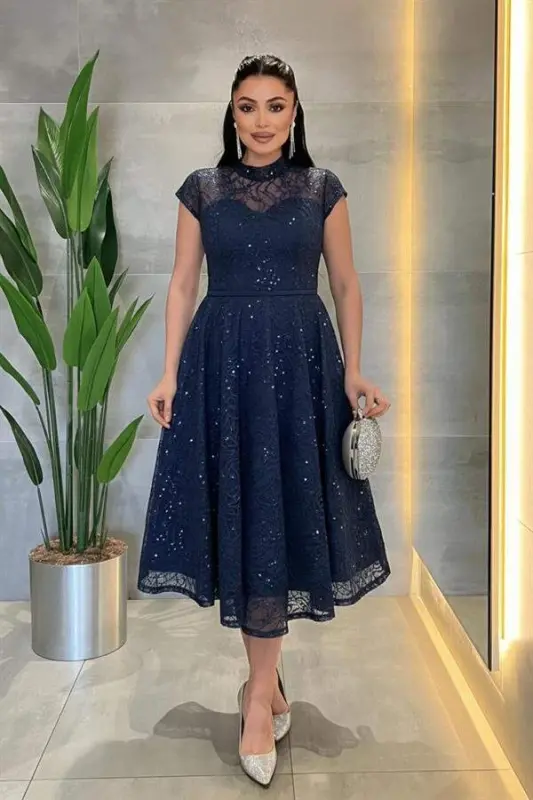 Dantel Payet Kumaş Midi Elbise - LACİVERT - 1