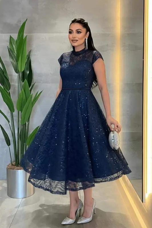 Dantel Payet Kumaş Midi Elbise - LACİVERT - 2