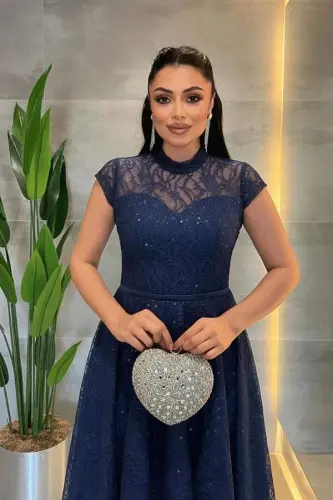 Dantel Payet Kumaş Midi Elbise - LACİVERT - 3