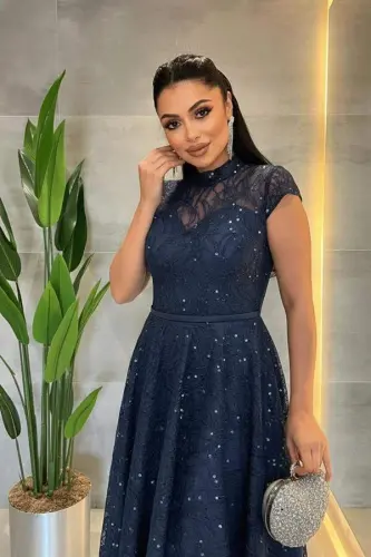 Dantel Payet Kumaş Midi Elbise - LACİVERT - 4