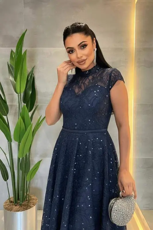 Dantel Payet Kumaş Midi Elbise - LACİVERT - 4