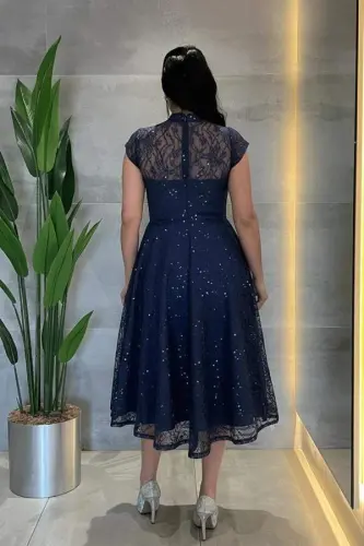 Dantel Payet Kumaş Midi Elbise - LACİVERT - 5
