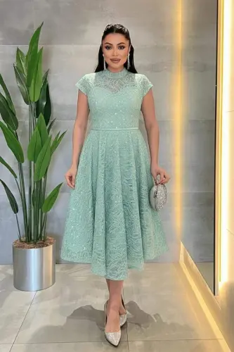 Dantel Payet Kumaş Midi Elbise - MİNT YEŞİLİ - 1