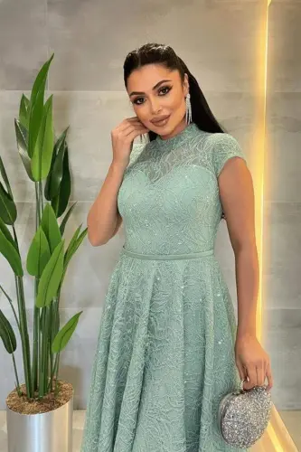 Dantel Payet Kumaş Midi Elbise - MİNT YEŞİLİ - 3
