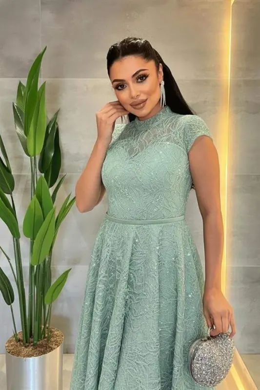 Dantel Payet Kumaş Midi Elbise - MİNT YEŞİLİ - 3