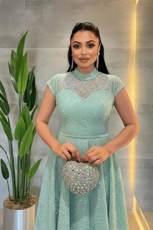 Dantel Payet Kumaş Midi Elbise - MİNT YEŞİLİ - 4