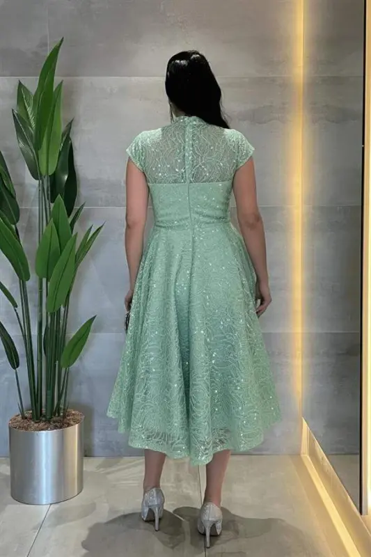 Dantel Payet Kumaş Midi Elbise - MİNT YEŞİLİ - 5