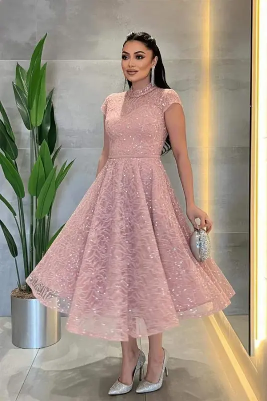 Dantel Payet Kumaş Midi Elbise - PUDRA - BÜYÜKBEDENIZ