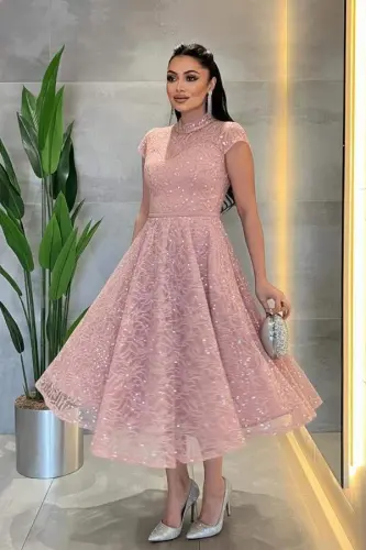 Dantel Payet Kumaş Midi Elbise - PUDRA - 1