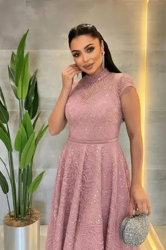 Dantel Payet Kumaş Midi Elbise - PUDRA - 2