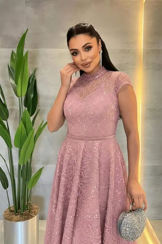 Dantel Payet Kumaş Midi Elbise - PUDRA - 2
