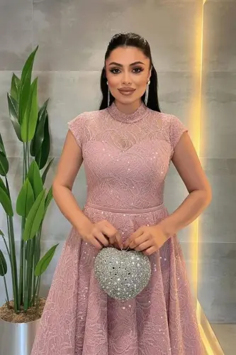 Dantel Payet Kumaş Midi Elbise - PUDRA - 3