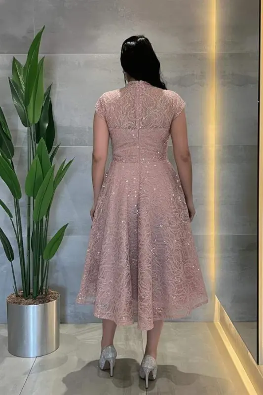 Dantel Payet Kumaş Midi Elbise - PUDRA - 4