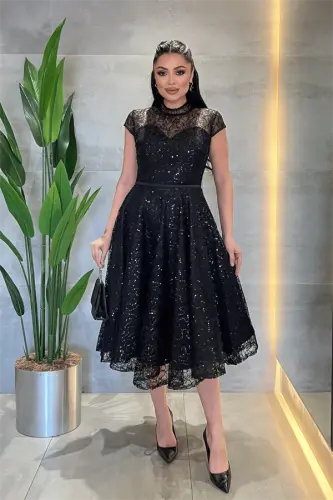 Dantel Payet Kumaş Midi Elbise - SİYAH - 1