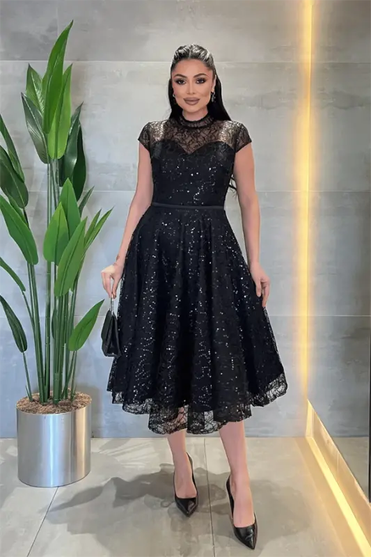 Dantel Payet Kumaş Midi Elbise - SİYAH - 1