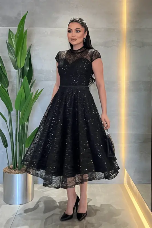 Dantel Payet Kumaş Midi Elbise - SİYAH - 2