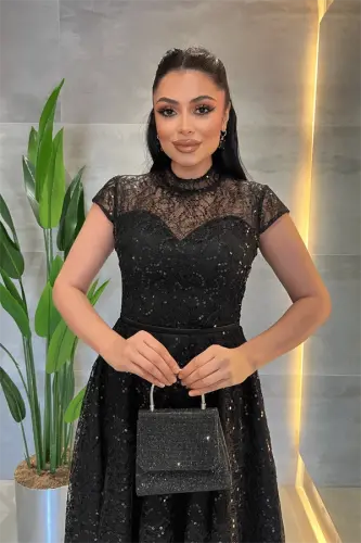 Dantel Payet Kumaş Midi Elbise - SİYAH - 4