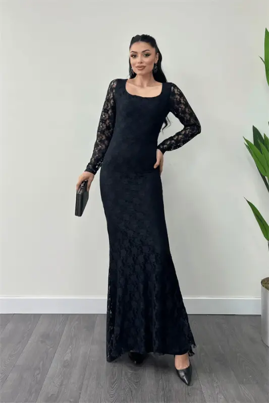 Dantelli mato kvadrat bo'yinli baliq ko'ylak - QORA - 2