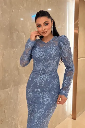 Dantelli Pullu Kumaş Sırt Detaylı Kalem Elbise - İNDİGO MAVİ - 3