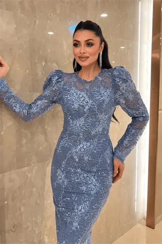 Dantelli Pullu Kumaş Sırt Detaylı Kalem Elbise - İNDİGO MAVİ - 4