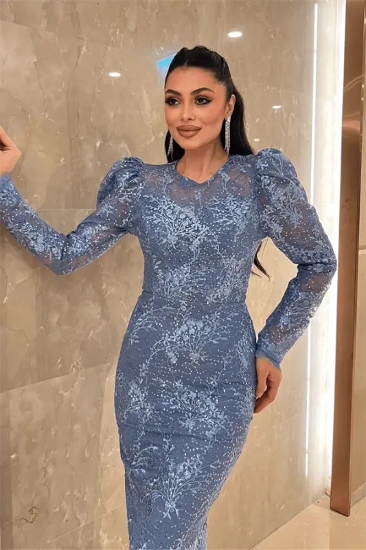 Dantelli Pullu Kumaş Sırt Detaylı Kalem Elbise - İNDİGO MAVİ - 4