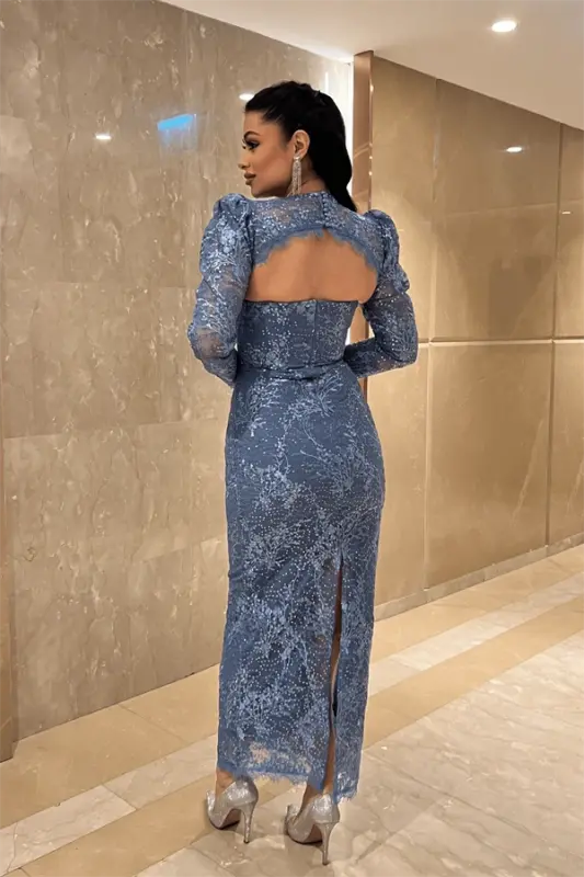 Dantelli Pullu Kumaş Sırt Detaylı Kalem Elbise - İNDİGO MAVİ - 5