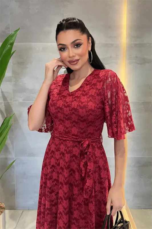 Dantelli V bo'yinli midi ko'ylak - BORDO - 4