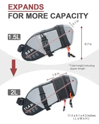 Danuosie Bike Seat Bag, Water-resistant Bicycle Saddle Bag, Expandable Capacity Cycling Under Seat Pouch 1.5-2L, Bike Seat Pack for Mountain Road Bikes and Commuter - 2