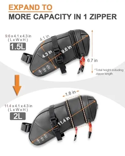 Danuosie Bike Seat Bag, Expandable Bicycle Saddle Bag Under Seat, Waterproof Cycling Seat Pack for Mountain Road Bikes and Commuter, 1.5-2L - 2