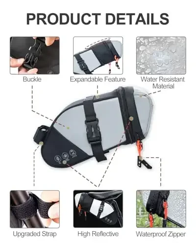 Danuosie velosiped o'rindig'i sumkasi, suvga chidamli velosiped egar sumkasi, kengaytiriladigan sig'imli velosiped o'rindig'i ostidagi sumka 1,5-2L, tog 'yo'l velosipedlari va qatnov uchun velosiped o'rindiq to'plami - 6