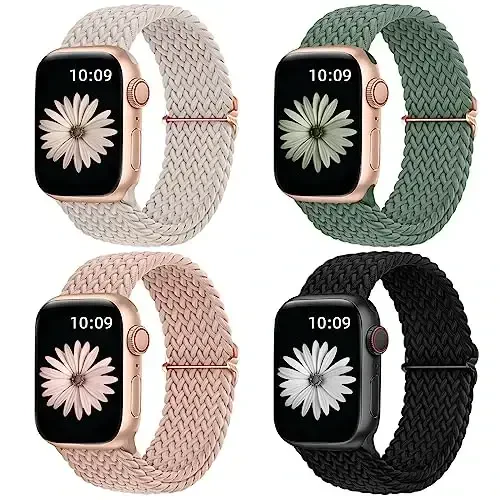 DaQin 4 Pack Apple Watch Band 38mm 40mm 41mm 42mm 44mm 45mm 46mm 49mm bilan mos keluvchi o'ralgan yakkalik halqasi, ayollar erkaklar uchun cho'ziluvchan yumshoq neylon tasma iWatch Series 10 9 8 7 6 5 4 3 2 1 SE Ultra/Ultra 2 - MODAZONE