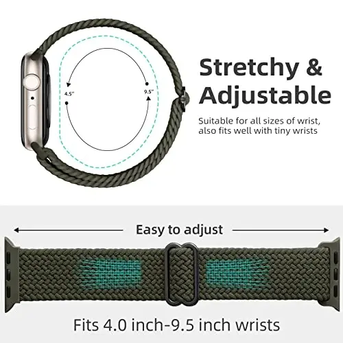 DaQin 4 Pack Braided Solo Loop Apple Watch Band 38mm 40mm 41mm 42mm 44mm 45mm 46mm 49mm ayollar erkaklar uchun mos, iWatch Series 10 9 8 7 6 5 4 3 2 1 SE Ultra/Ultra 2 uchun cho'ziluvchan yumshoq neylon tasma - 3