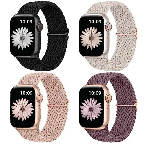 DaQin 4 Pack Braided Solo Loop Apple Watch Band 38mm 40mm 41mm 42mm 44mm 45mm 46mm 49mm ayollar va erkaklar uchun mos, iWatch Series 10 9 8 7 6 5 4 3 2 1 SE Ultra/Ultra 2 uchun cho'ziluvchan yumshoq neylon tasma - 1