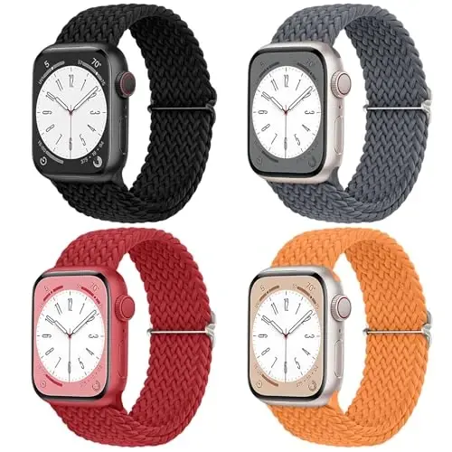 DaQin 4 Pack Braided Solo Loop Apple Watch Band 38mm 40mm 41mm 42mm 44mm 45mm 46mm 49mm ayollar va erkaklar uchun mos, iWatch Series 10 9 8 7 6 5 4 3 2 1 SE Ultra/Ultra 2 uchun cho'ziluvchan yumshoq neylon tasma - 1