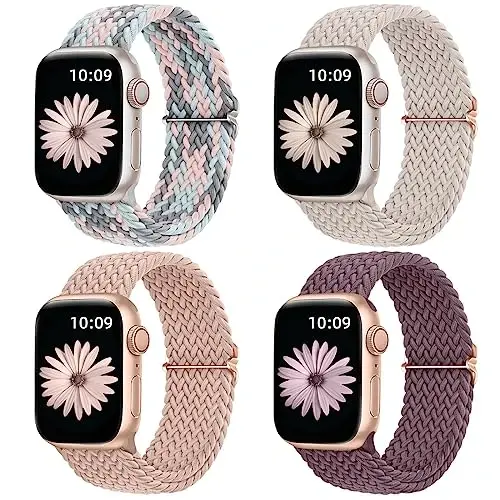 DaQin 4 Pack Braided Solo Loop Apple Watch Band 38mm 40mm 41mm 42mm 44mm 45mm 46mm 49mm ayollar va erkaklar uchun mos keladi, iWatch Series 10 9 8 7 6 5 4 3 2 1 SE Ultra/Ultra 2 uchun cho'ziluvchan yumshoq neylon tasma - MODAZONE