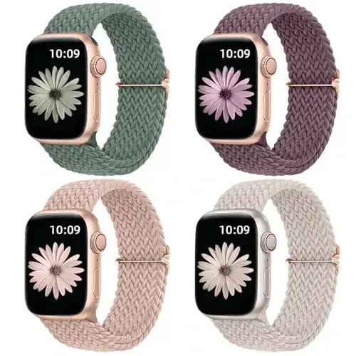 DaQin 4 Pack Braided Solo Loop Apple Watch Band 38mm 40mm 41mm 42mm 44mm 45mm 46mm 49mm bilan mos keladi, Ayollar va erkaklar uchun cho'ziluvchan yumshoq neylon tasma iWatch Series 10 9 8 7 6 5 4 3 2 1 SE Ultra/Ultra 2 - 1