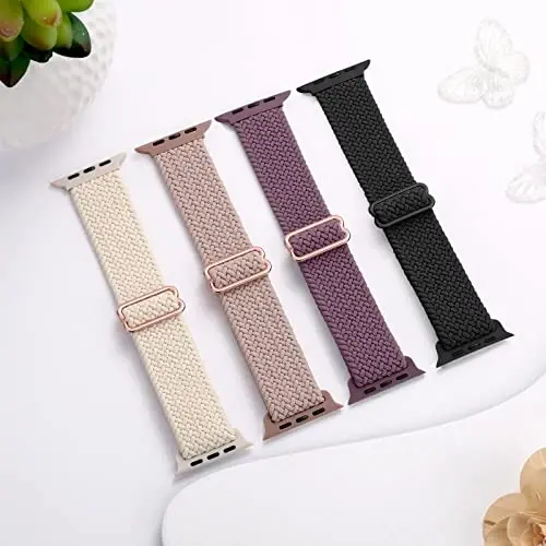 DaQin 4 Pack Braided Solo Loop Compatible with Apple Watch Band 38mm 40mm 41mm 42mm 44mm 45mm 46mm 49mm for Women Men, Stretchy Soft Nylon Strap for iWatch Series 10 9 8 7 6 5 4 3 2 1 SE Ultra/Ultra 2 