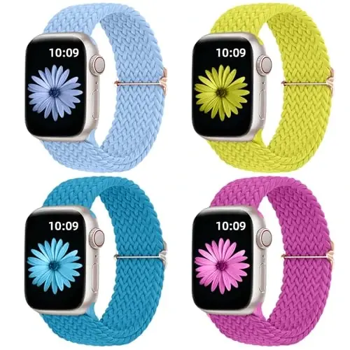 DaQin 4 Pack Braided Solo Loop Compatible with Apple Watch Band 38mm 40mm 41mm 42mm 44mm 45mm 46mm 49mm for Women Men, Stretchy Soft Nylon Strap for iWatch Series 10 9 8 7 6 5 4 3 2 1 SE Ultra/Ultra 2 - 1