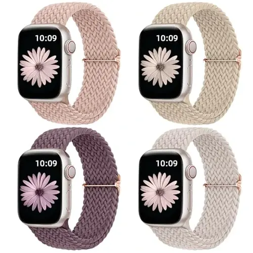DaQin 4 Pack Braided Solo Loop Compatible with Apple Watch Band 38mm 40mm 41mm 42mm 44mm 45mm 46mm 49mm for Women Men, Stretchy Soft Nylon Strap for iWatch Series 10 9 8 7 6 5 4 3 2 1 SE Ultra/Ultra 2 - 1