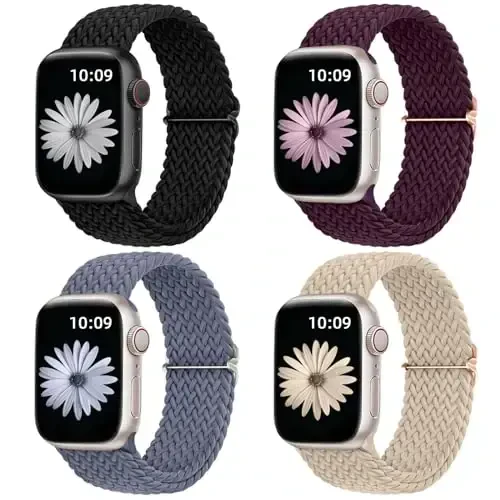 DaQin 4 Pack Braided Solo Loop Compatible with Apple Watch Band 38mm 40mm 41mm 42mm 44mm 45mm 46mm 49mm for Women Men, Stretchy Soft Nylon Strap for iWatch Series 10 9 8 7 6 5 4 3 2 1 SE Ultra/Ultra 2 - 1
