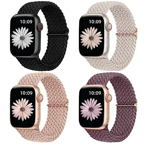 DaQin 4 Pack Braided Solo Loop Compatible with Apple Watch Band 38mm 40mm 41mm 42mm 44mm 45mm 46mm 49mm for Women Men, Stretchy Soft Nylon Strap for iWatch Series 10 9 8 7 6 5 4 3 2 1 SE Ultra/Ultra 2 - 1