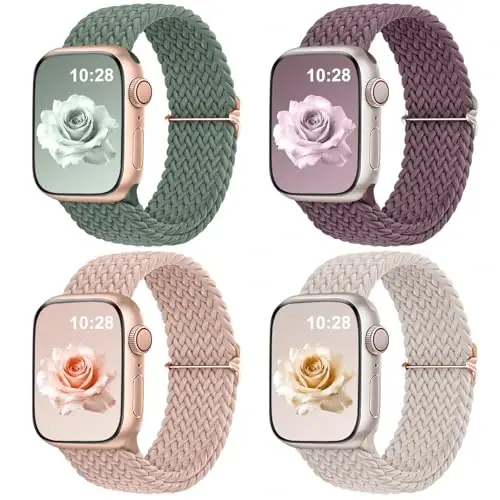 DaQin 4 Pack Braided Solo Loop Compatible with Apple Watch Band 38mm 40mm 41mm 42mm 44mm 45mm 46mm 49mm for Women Men, Stretchy Soft Nylon Strap for iWatch Series 10 9 8 7 6 5 4 3 2 1 SE Ultra/Ultra 2 - DAQIN