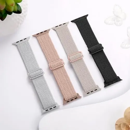 DaQin 4 Pack Braided Solo Loop Compatible with Apple Watch Band 38mm 40mm 41mm 42mm 44mm 45mm 46mm 49mm for Women Men, Stretchy Soft Nylon Strap for iWatch Series 10 9 8 7 6 5 4 3 2 1 SE Ultra/Ultra 2 - 5
