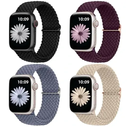 DaQin 4 Pack Braided Stretchy Solo Loop Apple Watch Bands bilan mos keladi, Ayollar Erkaklar uchun 40mm 41mm 42mm 44mm 45mm 46mm 49mm 38mm, iWatch Series 11 10 9 8 7 6 5 4 3 2 1 SE Ultra uchun neylon elastik tasma - 1
