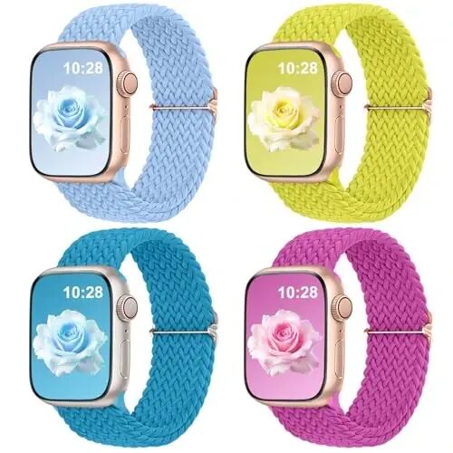 DaQin 4 Pack Braided Stretchy Solo Loop Band for Apple Watch Band Women Men | Elastic Nylon Band 40mm 41mm 42mm 44mm 45mm 46mm 49mm 38mm, Sport Strap for iWatch Series 12 11 10 9 8 7 6 5 4 3 2 1 SE Ultra - DaQin