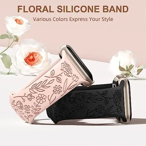 DaQin 4 Pack Floral Engraved Band Compatible with Apple Watch Band 38mm 40mm 41mm 42mm 44mm 45mm 46mm 49mm Women,Soft Silicone Cute Flower Pattern Sport Strap for iWatch Series 10 9 8 7 6 5 4 3 2 1 SE - 3