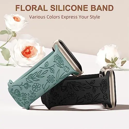 DaQin 4 Pack Floral Engraved Band Compatible with Apple Watch Band 38mm 40mm 41mm 42mm 44mm 45mm 46mm 49mm Women,Soft Silicone Cute Flower Pattern Sport Strap for iWatch Series 10 9 8 7 6 5 4 3 2 1 SE - 4