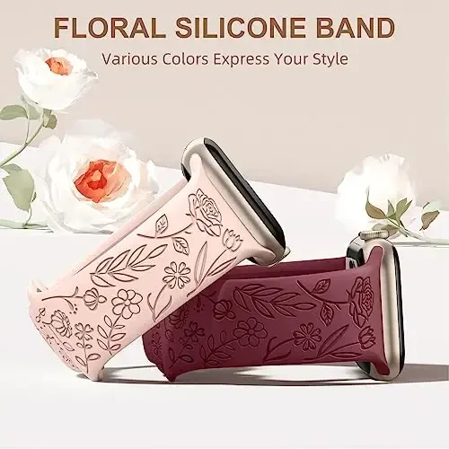 DaQin 4 Pack Floral Engraved Band Compatible with Apple Watch Band 38mm 40mm 41mm 42mm 44mm 45mm 46mm 49mm Women,Soft Silicone Cute Flower Pattern Sport Strap for iWatch Series 10 9 8 7 6 5 4 3 2 1 SE - 2