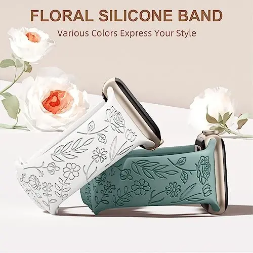 DaQin 4 Pack Floral Engraved Bands Compatible with Apple Watch Band for Women 40mm 41mm 42mm 44mm 45mm 46mm 38mm 49mm, Cute Silicone Flower Pattern Strap for iWatch Series 11 10 9 8 7 6 5 4 3 SE Ultra - DAQIN (1)