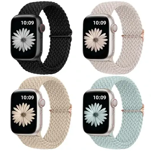 DaQin 4 Pack Braided Stretchy Solo Loop for Apple Watch Bands Women Men 40mm 41mm 42mm 44mm 45mm 46mm 49mm 38mm, Soft Nylon Elastic Sport Strap for iWatch Band Series 11 10 9 8 7 6 5 4 3 2 1 SE Ultra - 7